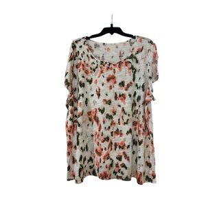 Belle by Kim Gravel Cream Short Sleeve Top with Coral and Olive Floral Print